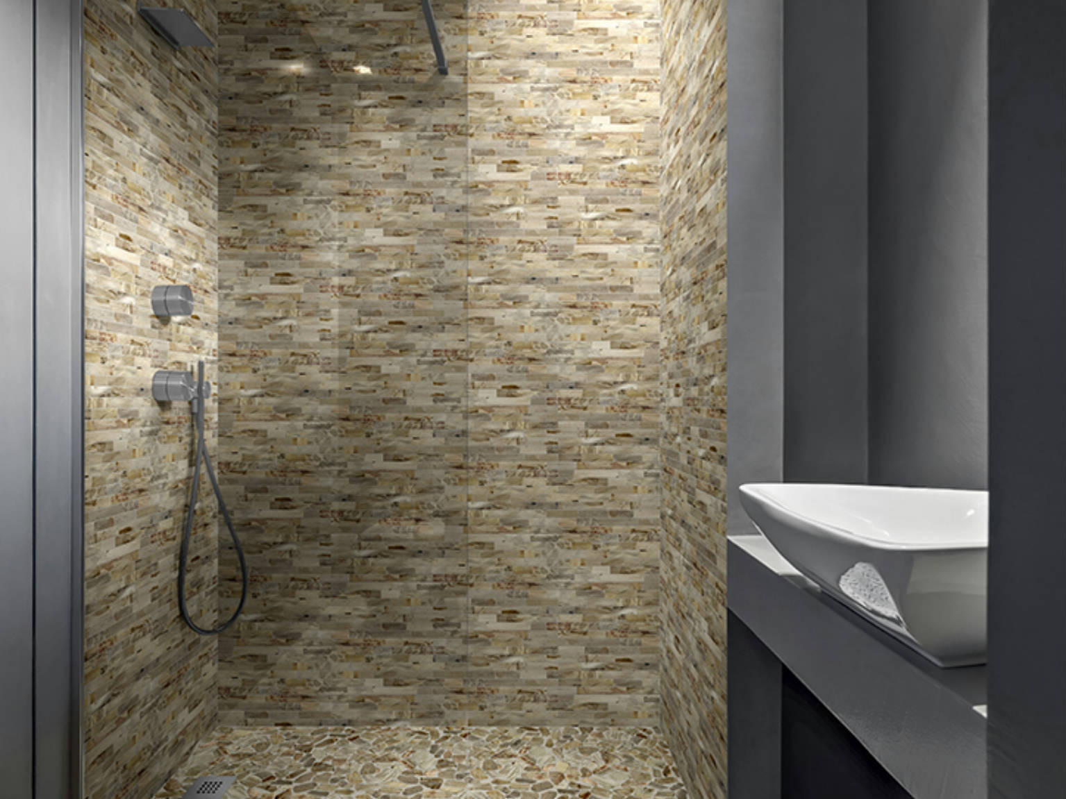 Fossil Wood Mini Opus Mix Beige Interlocking Mosaic | La Raj Tile & Marble