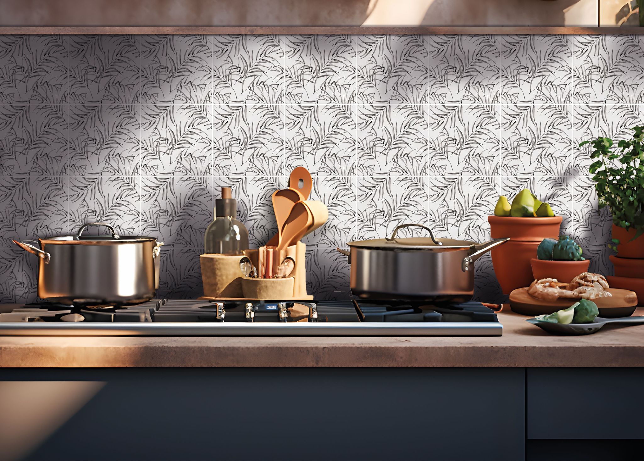 6"x6" Grey Palm Leaf Printed White Marble | La Raj Tile & Marble