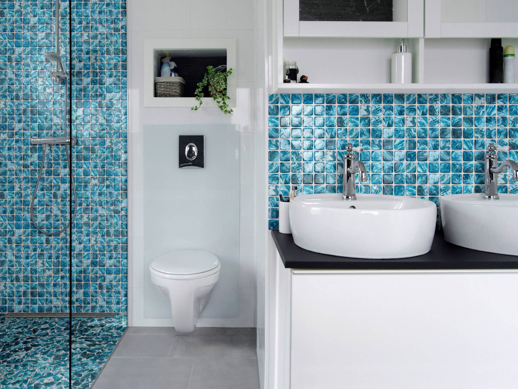 Glass Pebble Blue + Glass Square Blue Marble Pattern Mix | La Raj Tile & Marble